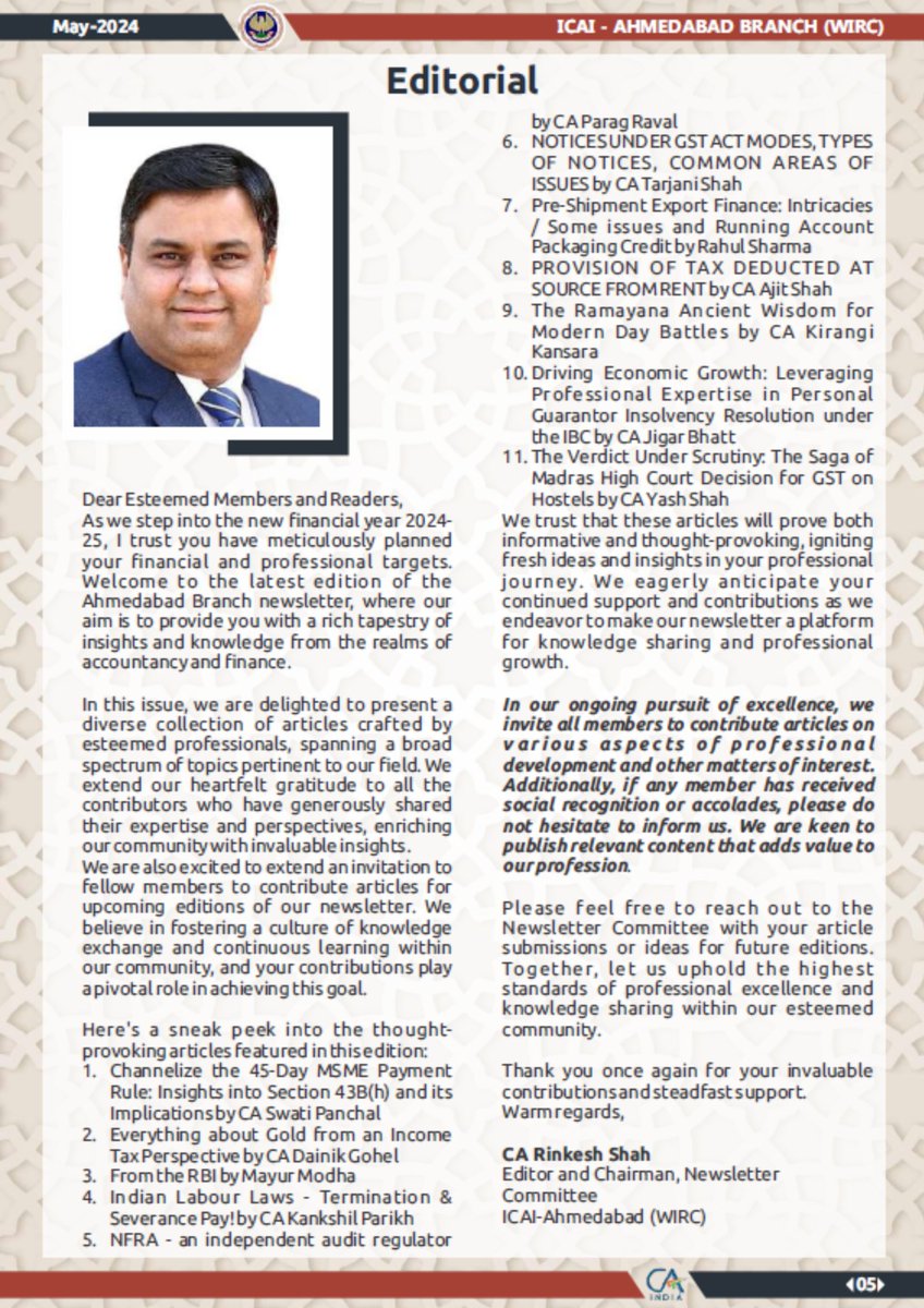 ICAI Ahmedabad Branch (WIRC) May 2024 Newsletter Out Now!
Get the latest updates on professional development & member achievements.

Read the full newsletter & share your thoughts: 
online.anyflip.com/mpgy/zkzy/mobi…

#newsletter #icai #ahmedabad #charteredaccountants