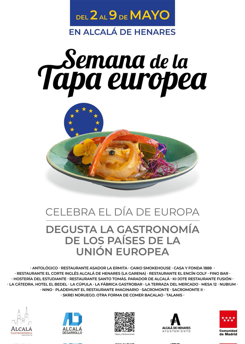 TURISMO |
🍴 Recuerda que hasta el 9️⃣ de mayo se celebra en Alcalá de Henares la 'Semana de la Tapa Europea' y puedes disfrutar de la tapa internacional que más te guste en 2️⃣2️⃣ restaurantes de la ciudad 😜

ℹ️ alcalagastronomica.es/la-semana-de-l…

#AlcalaDeHenares #AlcaláGastronómica…