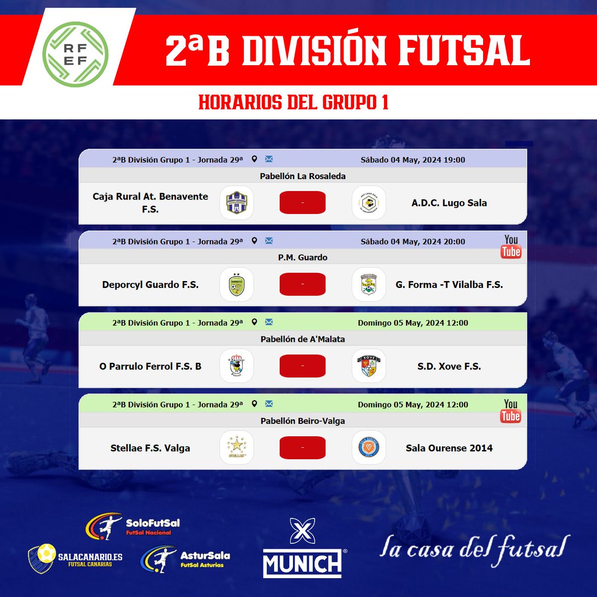 🟥2⃣ª🅱️  DIVISIÓN FUTSAL - GRUPO 1⃣
📆29ª JORNADA /⏰HORARIOS

✍️ Consulta los horarios de la jornada
📎 astursala.es/2b-division-fu…

🔀 AsturSala con el @racingmieresFS

#FutSal | #SoloFutsal | #2BFutSalG1  #