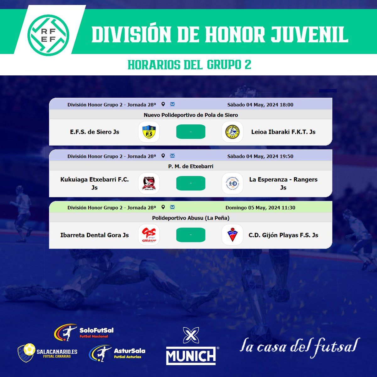 🟩 DVS. HONOR JUVENIL GRUPO2⃣ 
📆27ª JORNADA /⏰HORARIOS

✍️Consulta los horarios de la jornada
📎astursala.es/division-de-ho…

🔀AsturSala con el @gijonplayasfs @efs_siero @laesperanzacf @racingmieresFS @percherafs @villadetineofs @Dep_Laviana_FS

#FutSal | #SoloFutsal | #DHJFutSalG2