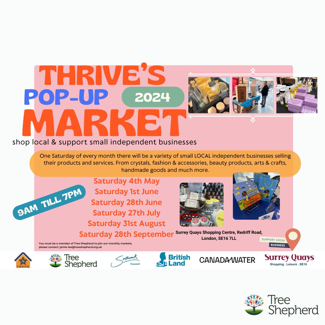 Our super popular mini market is back tomorrow- Join Thrive Sat May 4th as we host our hugely popular Monthly Mini Market at Surrey Quays Shopping Centre, (just outside the Range). Come along and support our local entrepreneurs! 💪🏾