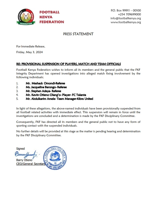 Three referees, one player and a team manager have been provisionally suspended by FKF for alleged match FIXING. Further investigations are currently underway.