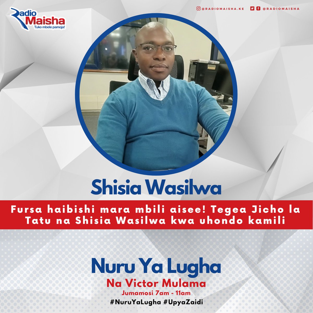 Fursa haibishi mara mbili aisee! 

Tegea Jicho la Tatu na Shisia Wasilwa kwa uhondo kamili #NuruYaLugha #UpyaZaidi