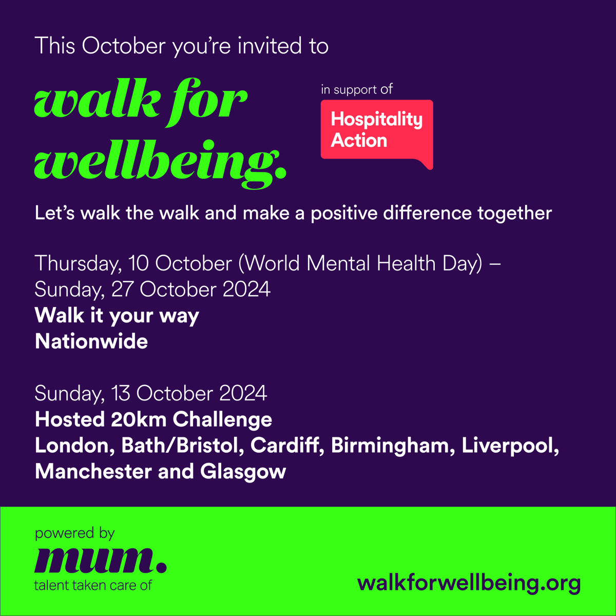 1 in 2 calls made to the HA helpline are from people with mental health challenges. You can make a positive difference by raising awareness & funds to support the wellbeing of everyone in hospitality. Join Walk for Wellbeing at walkforwellbeing.org #mum @Catererdotcom