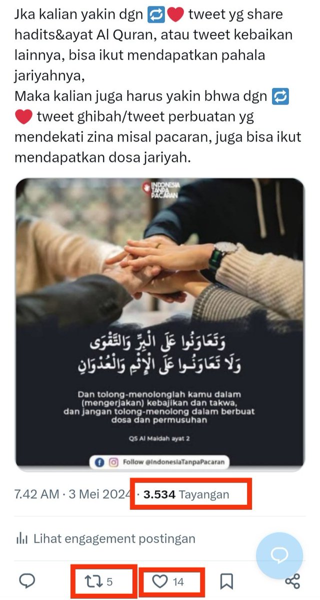 Gaaess, biasanya, tweetku dgn respon 🔁❤ segini, yg melihat tayangannya sekitar 200- 300 aja. Tpi kok ini bisa ada 3534 tayangan ya? Kok bisa? Gimna itu trjadinya? Aq msh gk mudeng hal2 kyk gini ee. Aq tdk sedang mikirin berapa yg ngrespon, tpi sedang brharap lbh byk yg baca.