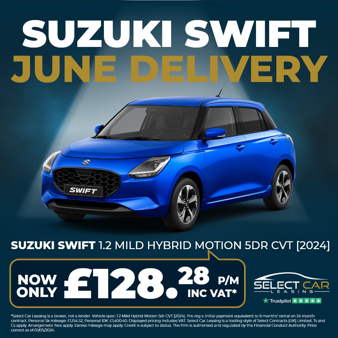 Now with June delivery, the #Suzuki Swift is a budget hatchback with plenty of tech and power to impress. Check out our Swift deals with the link below, from £128.28 a month*

👉eu1.hubs.ly/H08X5pL0

#SelectCarLeasing #WestMidlands

*Price correct as of posting