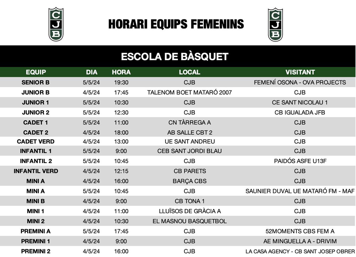 🟢⚫️ Horaris dels partits del bàsquet base d'aquest cap de setmana

#SomElBressol #BadalonaÉsFutur