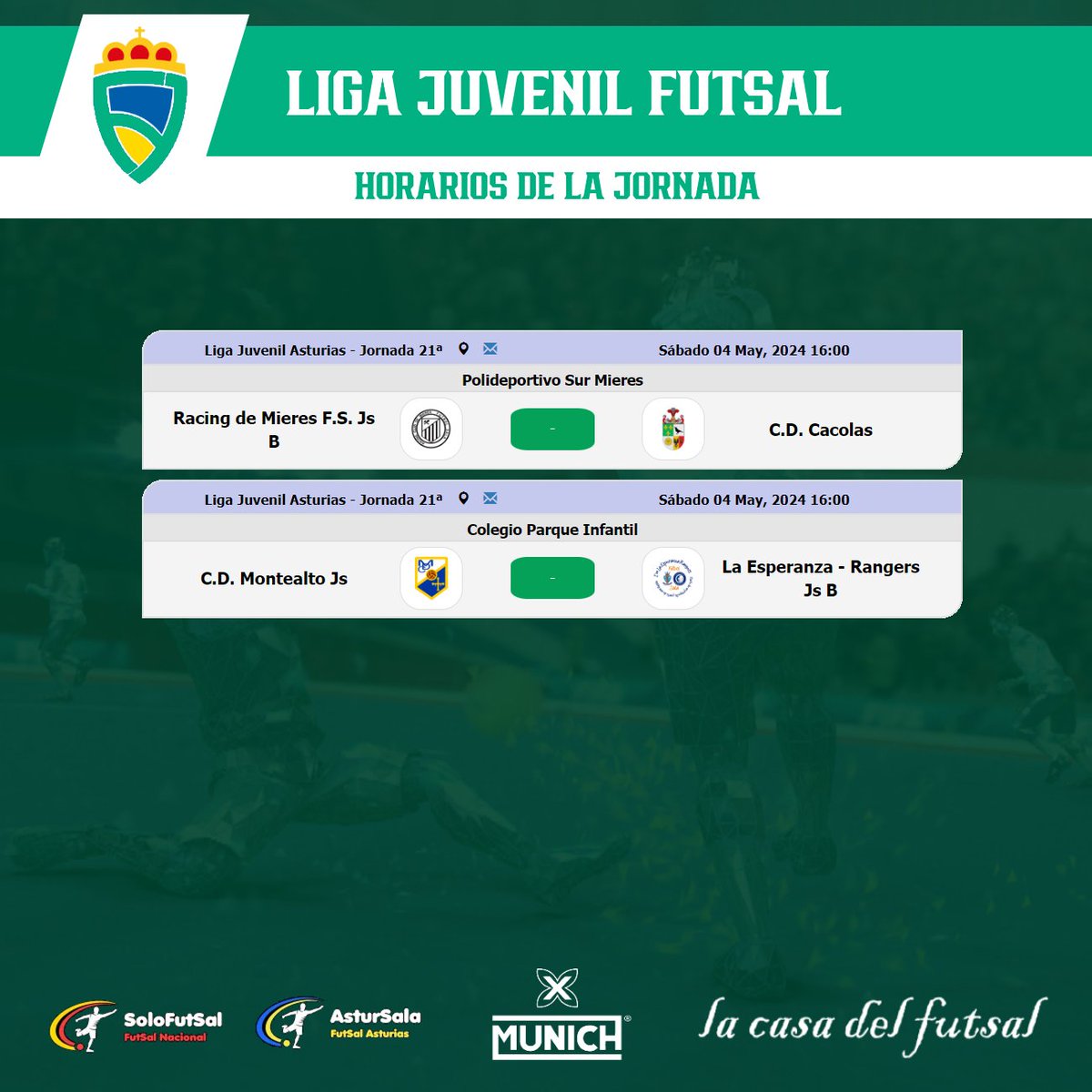 🟩 LIGA AUTONÓMICA JUVENIL
📆21ª JORNADA /⏰HORARIOS

✍️ Consulta los horarios de la jornada
📎astursala.es/liga-regional-…

🔀@gijonplayasfs @efs_siero @laesperanzacf @racingmieresFS #ElParque #Cacolas @lafresnedacf #RayoConceyin @cdmontealto

#FutSal | #SoloFutsal | #AsturSala #