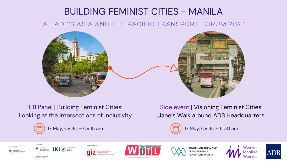 Exciting news! 🙌 We are thrilled to announce the return of our #BuildingFeministCities workshop series as part of the Asia and the Pacific Transport Forum 2024, which is hosted by ADB in Manila from 14-17 May. Register now ➡️ bit.ly/3Qt6Xd6 #APTransportForum2024