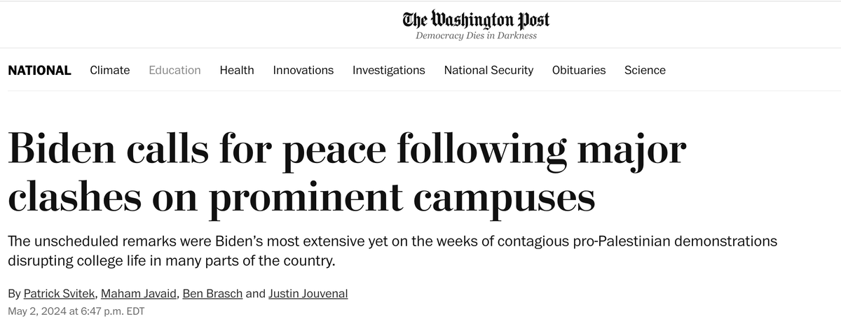 'Biden calls for peace' after inciting and welcoming violent crackdown on pro-peace college students