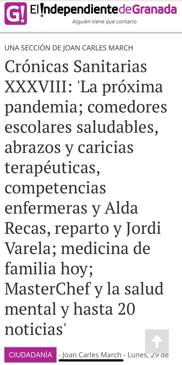 🔴RESPETO un gran artículo de @gesclinvarela ❤️Chequeo a la #medicinadefamilia: en qué punto está y que necesita con urgencia @anacorbaton ❌La vergüenza de la semana: Masterchef y la #saludmental @Monica_Garcia_G Mis #CrónicasSanitarias @IndeGranada ✅elindependientedegranada.es/ciudadania/cro…