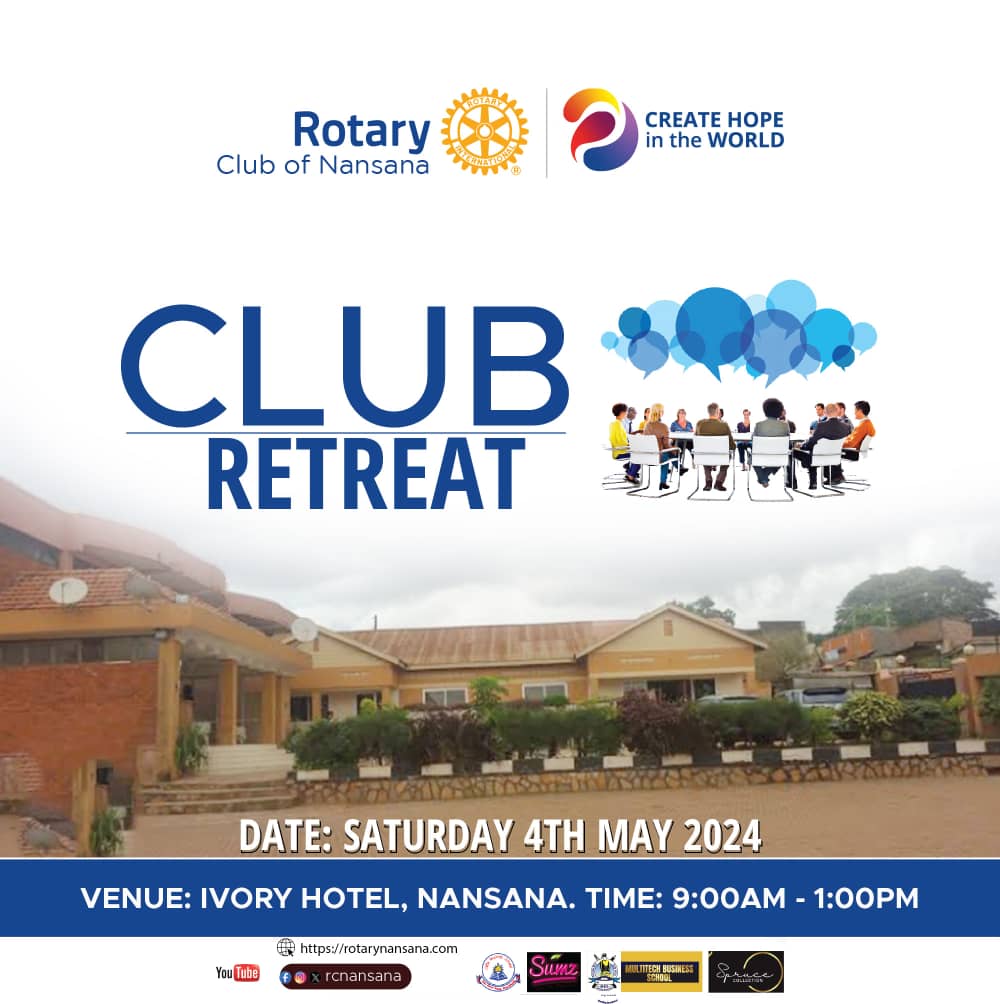 Greetings Friends. Do join us this *Saturday 04th May, 2024* at *Ivory Hotel, Nansana* as we reflect and plan ahead for our club. Each and everyone's ideas really matter. See you there 😜 *#PRTeam_RCNansana* *#Club_Retreat_2024* *#Youth_Service_Month*