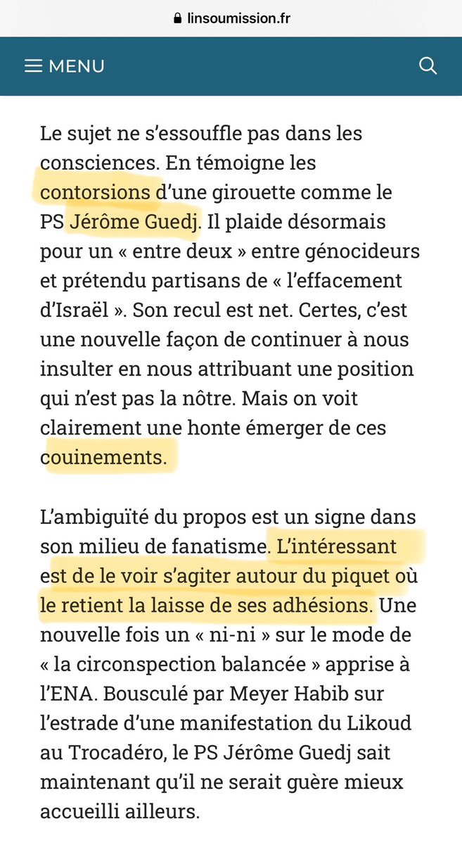 Mélenchon qui parle des 'contorsions' et de 'couinements' de Jérôme Guedj, attaché au 'piquet' par 'la laisse de ses adhésions'... Adhésions à quoi ? Quand prendra-t-on la mesure et la nature de la haine de Mélenchon ?