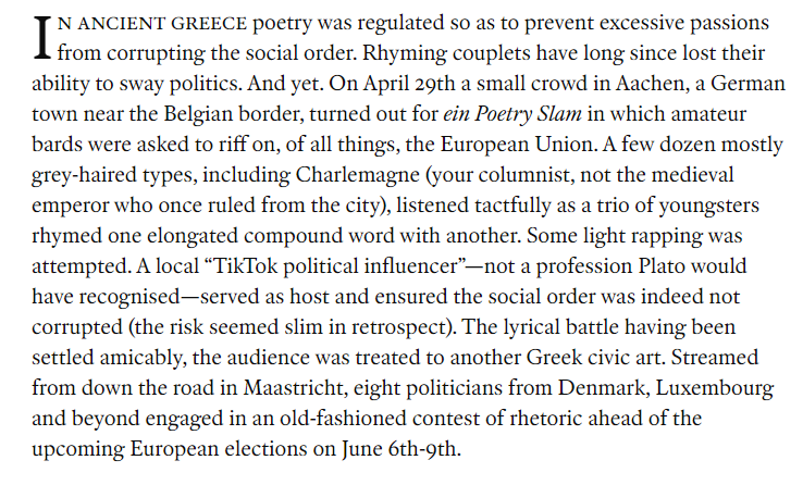 Charlemagne Whether the EU can be anything more than a souped-up intergovernmental body—a regional UN on steroids—depends on whether Europeans viscerally feel they belong to the same polity. Does this 'demos' exist? Can it ever? Register to read for free economist.com/europe/2024/05…