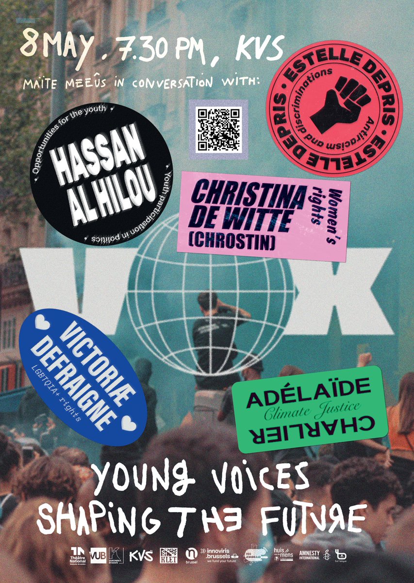 8/5, gratis in KVS: VOX - YOUNG VOICES SHAPING THE FUTURE. Een dynamisch platform voor jongeren, met het oog op de verkiezingen in juni. Ism. @TheatreNational, @VUBrussel, #huisvandemens, @amnestyvl, #saintklet, @wekonektbxl, @BruxellesLaique, @ULBruxelles, #vgcjeugdraad #brussel