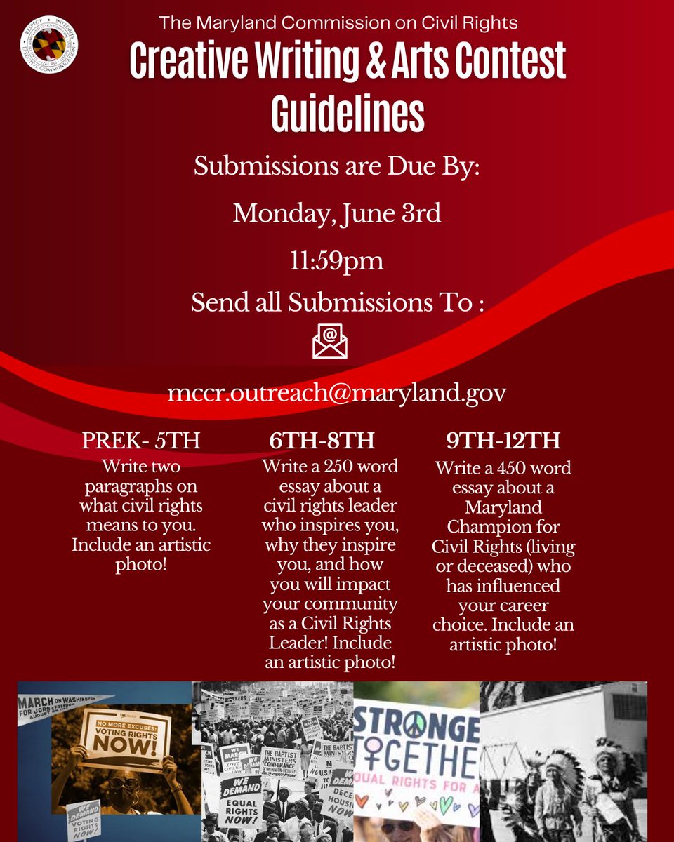 Calling ALL Maryland Students!
Showcase your talents for MCCR's 2024 Creative Writing &amp; Arts Contest!!!!
 #MDCitySchools #MDCountySchools #MDPrivateSchools #MDPublicSchools #MCCRCreativeArtsContest #MCCRUnited #MCCR2024Gala #MCCRContest #CivilRightsAreNotOptional