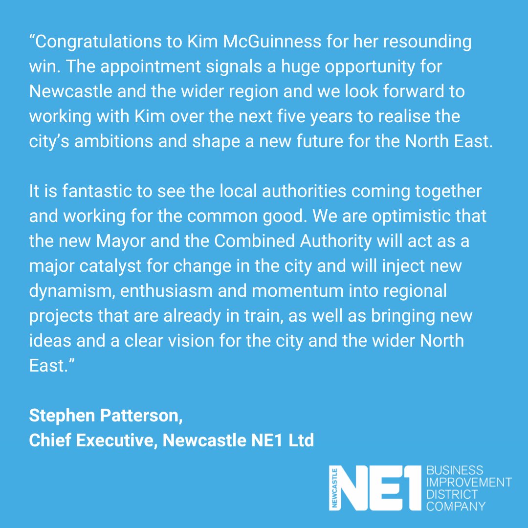 Delighted that the North East has a new Mayor, and congratulations to @KiMcGuinness. This appointment marks a significant opportunity not only for our city centre but the wider region too. We look forward to working together over the coming years to ensure that both thrive.