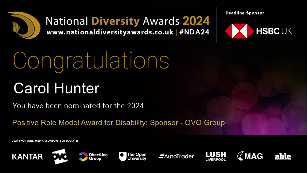 Congratulations to Carol Hunter @Hunter83Carol who has been nominated for the Positive Role Model Award for Disability at The National Diversity Awards 2024 in association with @HSBC_UK. To vote please visit nationaldiversityawards.co.uk/awards-2024/no… #NDA24 #Nominate #VotingNowOpen