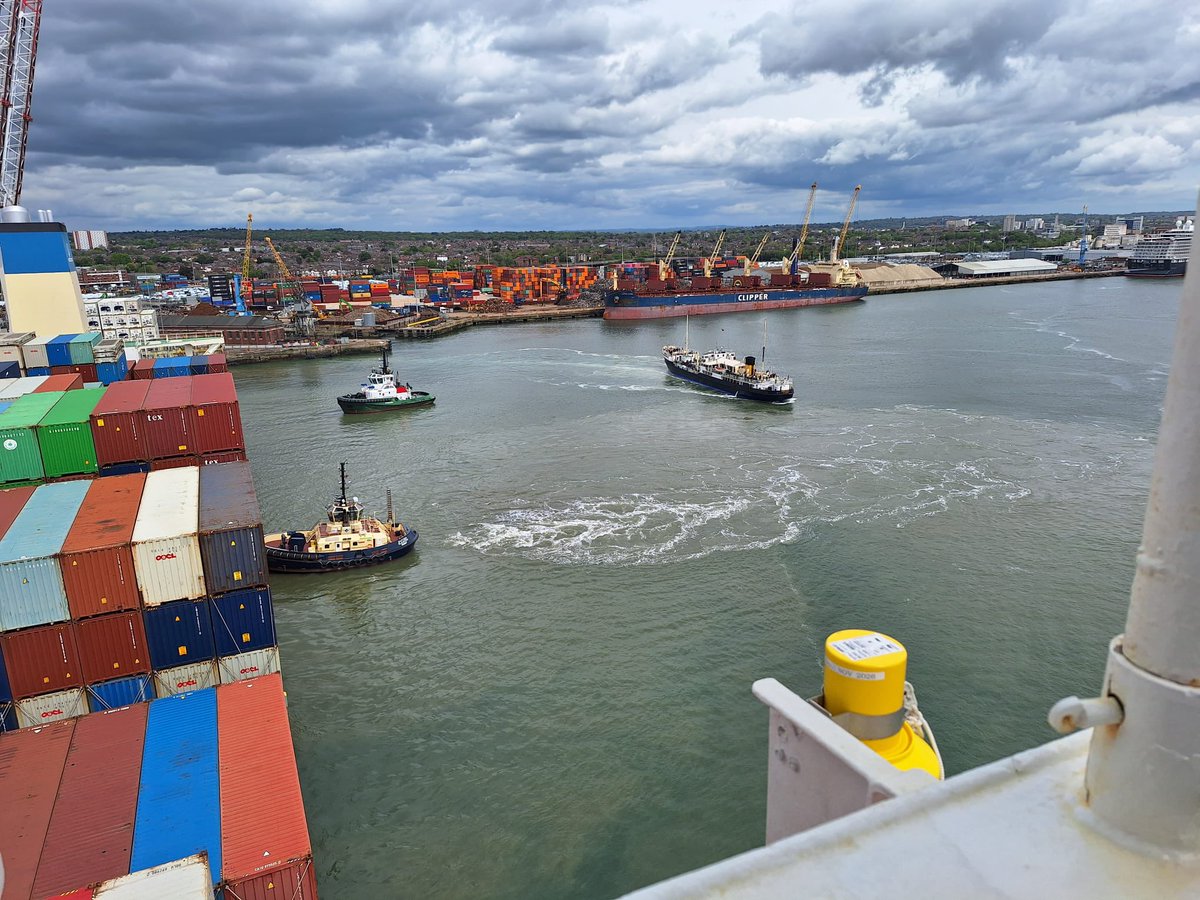 Shieldhall has departed her berth for her first cruise of 2024! 🛳️ 

These great images have just been taken from the inbound container ship, Cosco Hope.
