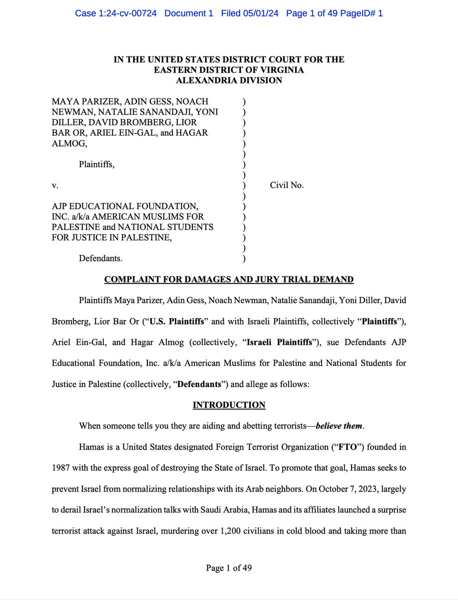 🇺🇸🇮🇱⚖️🇵🇸🇶🇦🇮🇷 قضية جديدة في محكمة #فرجينيا قدمها مجموعة مواطنين من #إسرائيل ضد منظمات فلسطينية/أمريكية بسبب هجوم 7 أكتوبر 2023 في #غزة وبالطبع دولة #قطر ومعها #إيران مذكورين في صحيفة الدعوى بسبب دعم وتمويل والترويج الإعلامي لتنظيم #حماس الإرهابي وشرذمة الإخونجية المنافقين في…