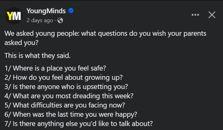 We love this post by @YoungMindsUK 👏 Why not try asking your child or a young person these questions. 👇