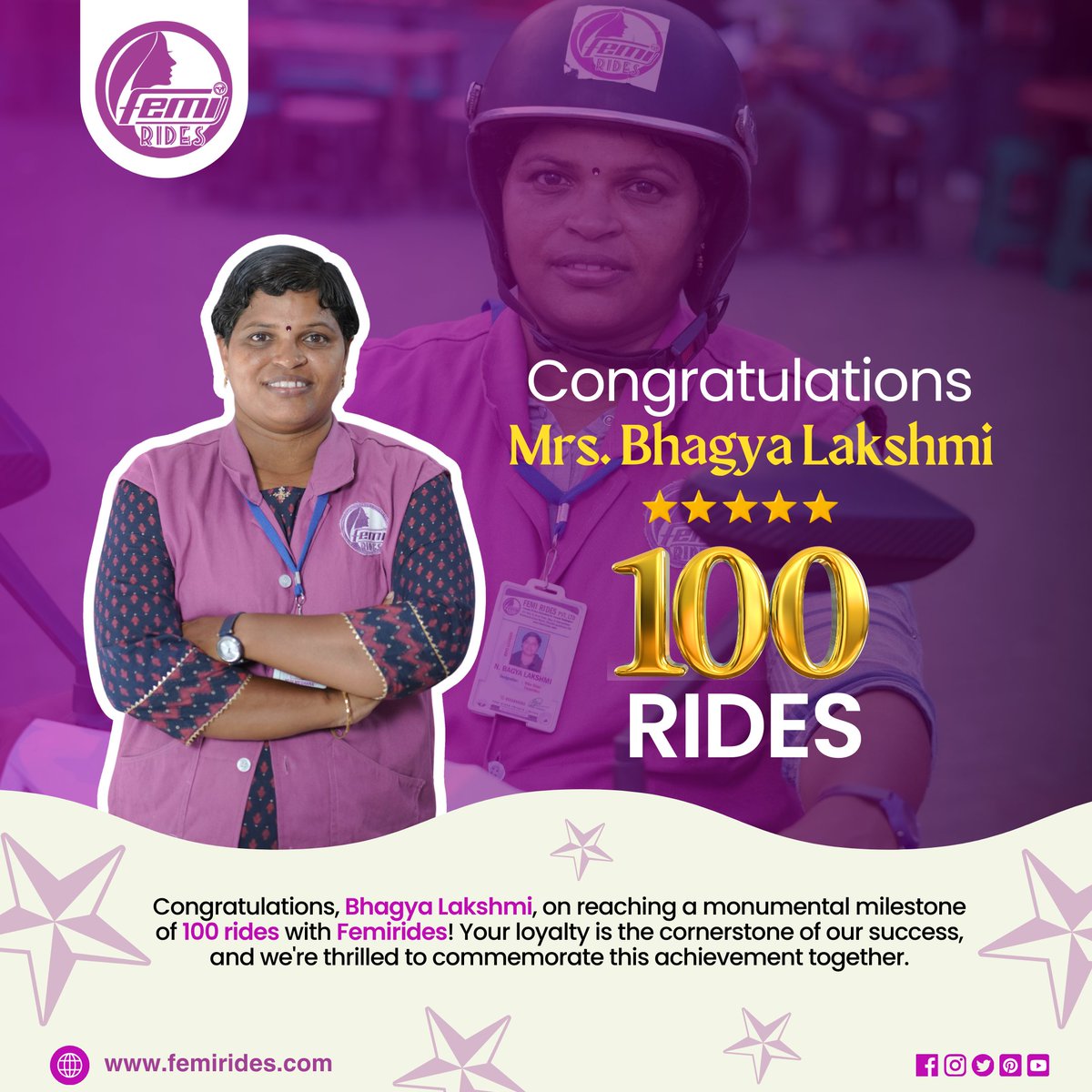 Congratulations Bhagya Lakshmi for completing 100 Rides with FemiRides ❤️

#FemiRides #WomenForWomen #Vizag #Visakhapatnam #AndhraPradesh #biketaxi #femalebiketaxi #womentransportation #simhachalam #WomenEmpowerment #womenonwheels #womenempoweringwomen
