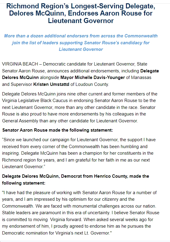 Richmond Region’s Longest-Serving Delegate, @DeloresMcquinn, Endorses @AaronRouseVA for Lieutenant Governor bluevirginia.us/2024/05/friday…