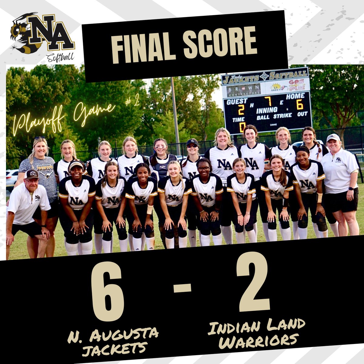 North Augusta Softball won Round 2 of the State Playoffs Thursday night vs. Indian Land in a great game, bringing home the WIN. Round 3 of Playoffs continue FRIDAY NIGHT, 5/3, AT 6 PM at Riverview Park vs York High School. Come out & cheer for the home team and show your support!