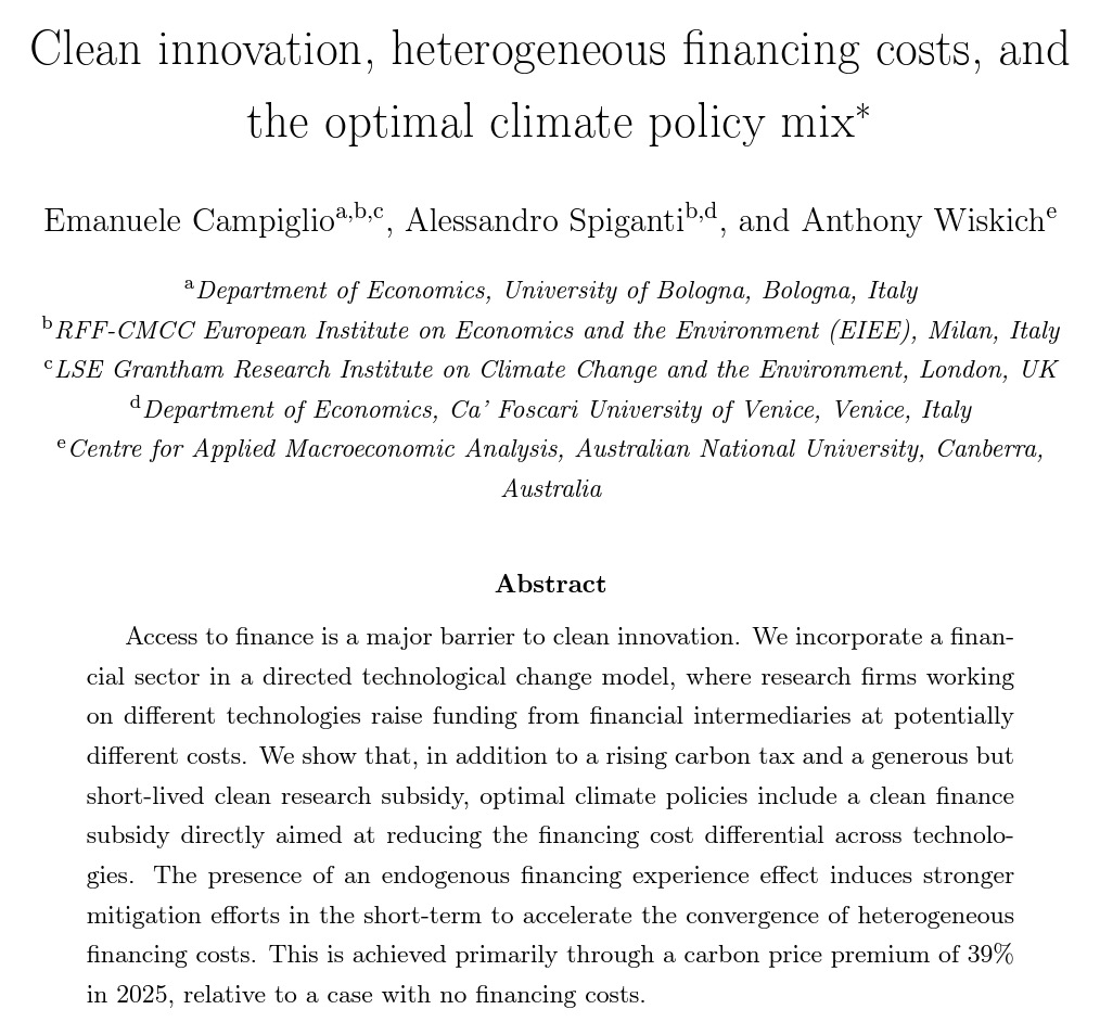 Emanuele Campiglio (@emacampiglio) on Twitter photo Revised and improved version of our paper 'Clean Innovation, Heterogeneous Financing Costs, and the Optimal Climate Policy Mix', together with <a href="/Ale_Spiganti/">Alessandro Spiganti</a> and <a href="/AWiskich/">Anthony Wiskich</a>. Comments very welcome!
cama.crawford.anu.edu.au/publication/ca… Revised and improved version of our paper 'Clean Innovation, Heterogeneous Financing Costs, and the Optimal Climate Policy Mix', together with <a href="/Ale_Spiganti/">Alessandro Spiganti</a> and <a href="/AWiskich/">Anthony Wiskich</a>. Comments very welcome!
cama.crawford.anu.edu.au/publication/ca…