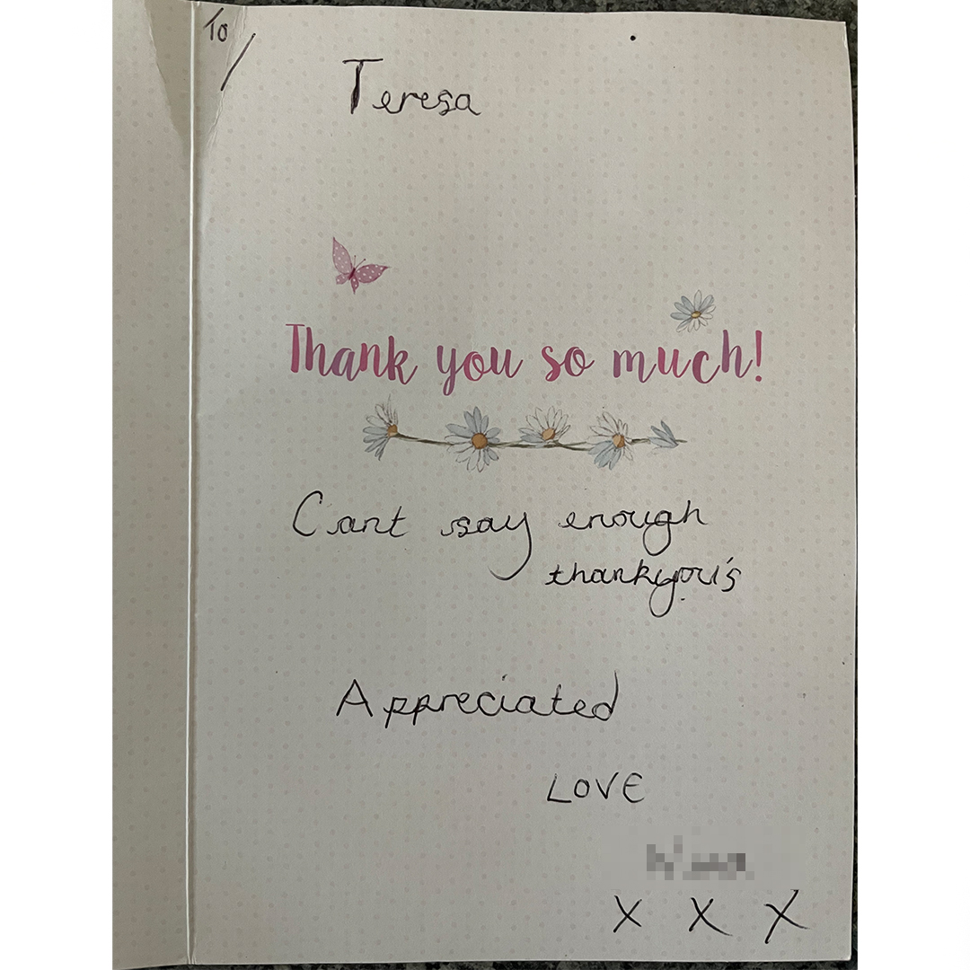 Porchlight worker Theresa recently received this lovely thank you card from a client we've supported through one of our hostels. 💜