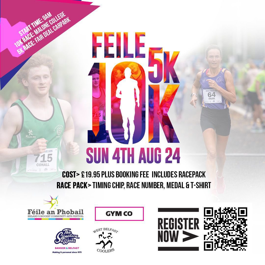 ANNOUNCEMENT! FÉILE 10K RUN + 5K RUN🏃‍♀️ 📆Sunday 4th August ⏰Start time 9am ▪️£19.95 entry plus booking fee 🏃‍♀️INCLUDED: T-Shirt, Timing Chip, Race Number & Medal ✅Register Now - site.corsizio.com/register/66264… 🏃‍♂️Over 1,000 Runners Last Year!