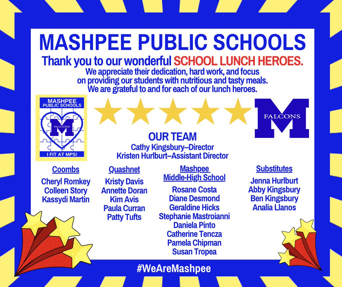 It's GREAT to be in #MASHPEE because of the individuals listed below.  Happy School Lunch Heroes Day.