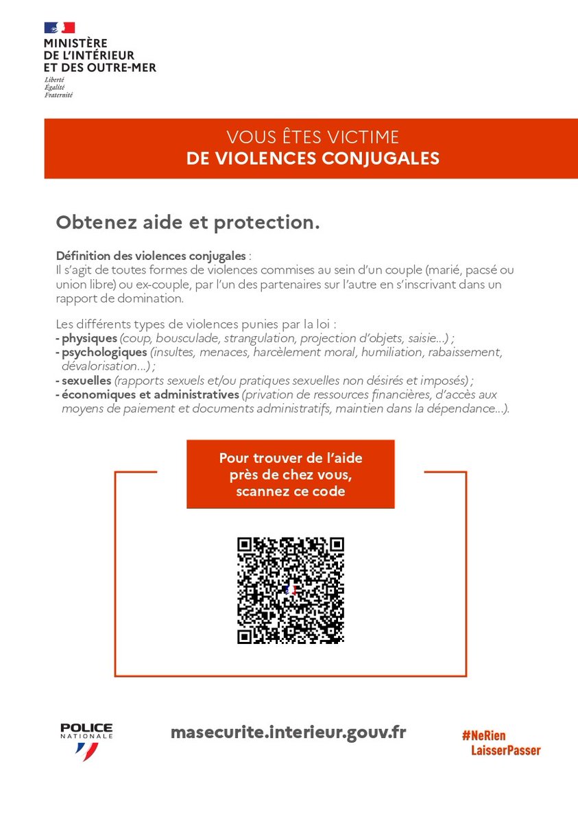 #NeRienLaisserPasser

La semaine passée, la @PoliceNationale de la #HauteSavoie a placé en #GAV  09 auteurs de  #ViolencesIntrafamiliales.

Les bons gestes :
➡️📞1⃣7⃣ #PoliceSecours,
➡️📞3⃣9⃣1⃣9⃣,
➡️ pour trouver de l'aide près de chez vous, scannez le code ci-dessous.⤵️