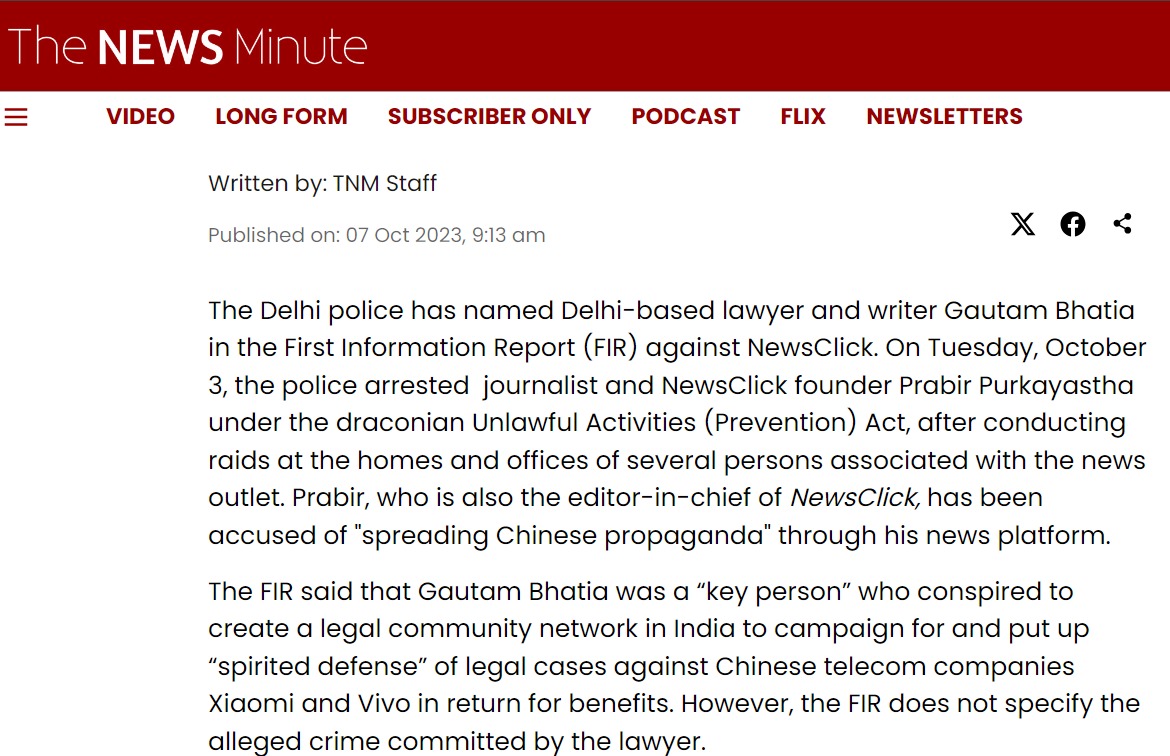 Next in the line is Gautam Bhatia (@gautambhatia88), who is also representing Raqib in his case. Bhatia was named 'key person' in the FIR against NewsClick (@newsclickin) to aid in the inflow of foreign funds to fuel Chinese propaganda in India. 12/n