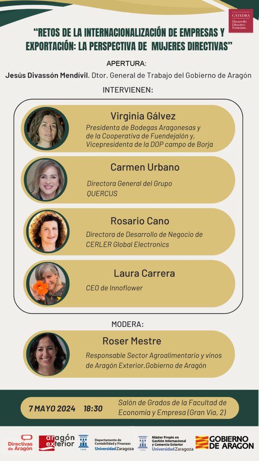 Si quieres conocer las claves de la internacionalización de la empresa, no te puedes perder esta mesa redonda, con Virgina Galvez, <a href="/carmenurbano/">Carmen Urbano</a>, <a href="/Rosario_Cano/">Rosario Cano</a> y Laura Carrera, moderada por <a href="/roser_mestre/">Roser</a> .
En la Facultad de Economía y Empresa, 7 de mayo, a las 18,30h.