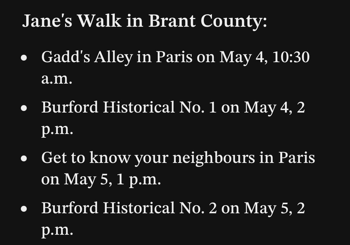 Jane’s Walk is happening this weekend. Twelve free community-led walks are taking place locally this weekend — four in Brant County — as part of Jane's Walk, a global movement inspired by urban activist Jane Jacobs.  thespec.com/news/hamilton-…