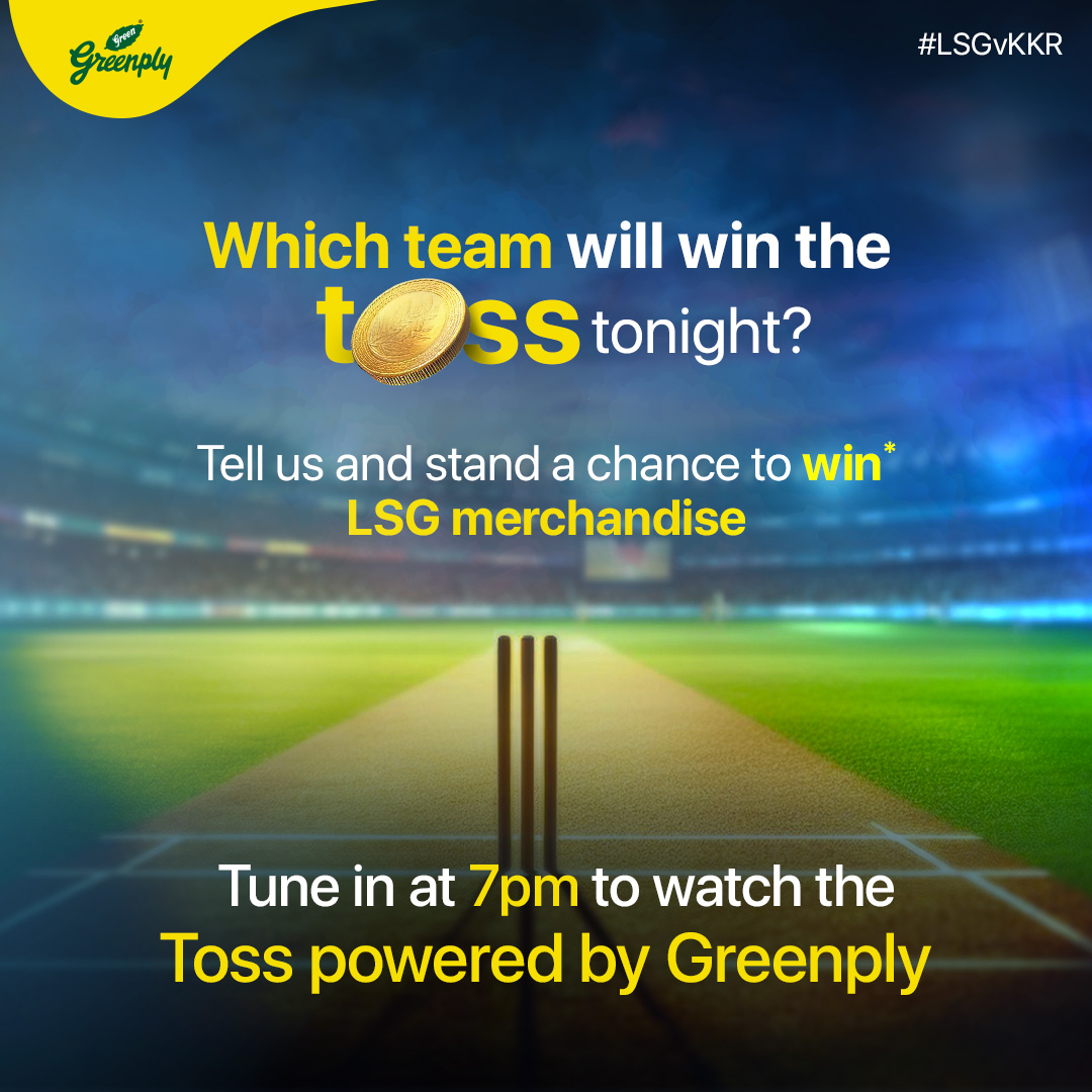 Which team will the coin favour tonight? Take a guess and get a chance to win* #LucknowSuperGiants merchandise. Watch the toss powered by #Greenply tonight at 7pm to find out if you were right! Entries close at 6pm! #GreenplyPlywood #HarGharKaHero #LSGvKKR