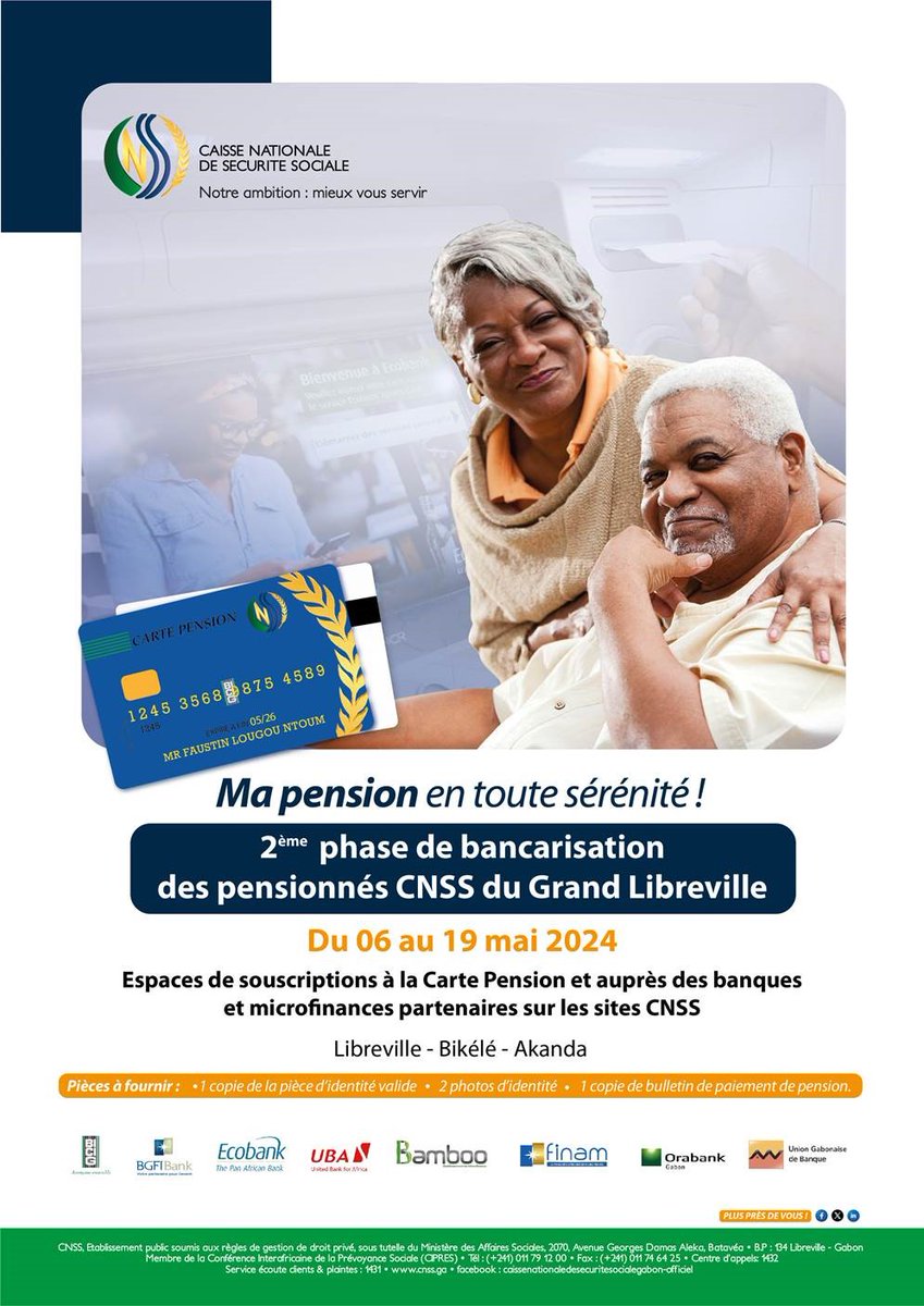 La CNSS informe les pensionnés du grand Libreville, ne disposant pas d’un compte bancaire, et dont la pension est supérieure ou égale à 100.000 FCFA, qu'elle prolonge sa campagne de bancarisation auprès de ces bénéficiaires et ce durant la période du 06 au 19 mai 2024.
#cnssgabon