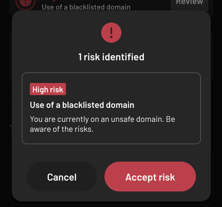 How Argent’s Fraud Protection responded 🚨 As soon as the community flagged the scam, we added it to our blacklist Now, when anyone tries to connect to the scam, they’ll see this ⬇️