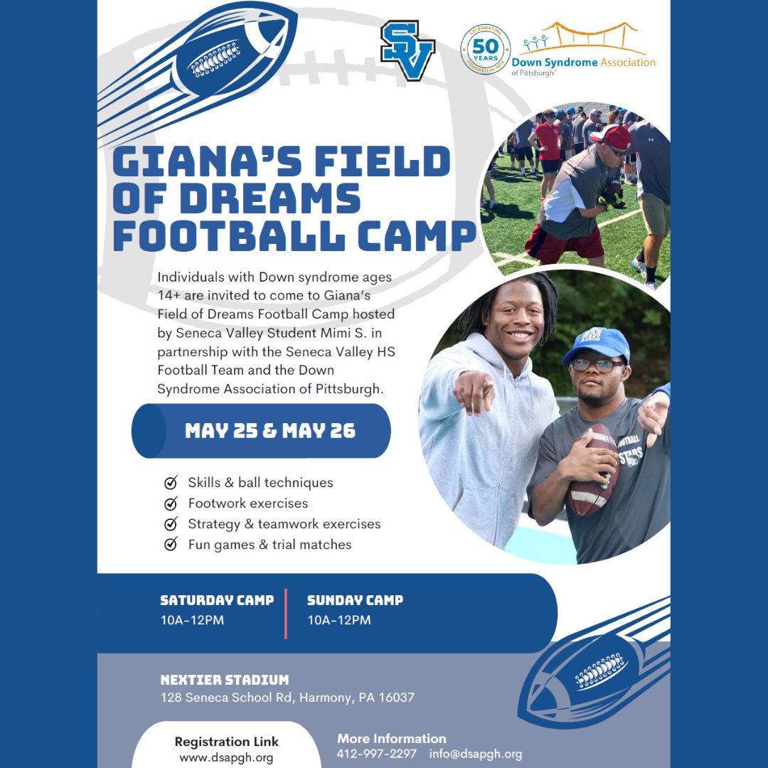 🏈Calling all football enthusiasts! We're thrilled to announce that registration for Giana’s Field of Dreams Football Camp hosted by Seneca Valley Student Mimi S. is now OPEN! Learn more & sign up today by clicking here: t.ly/Y2_qW. #dsapgh #Footballcamp #Community