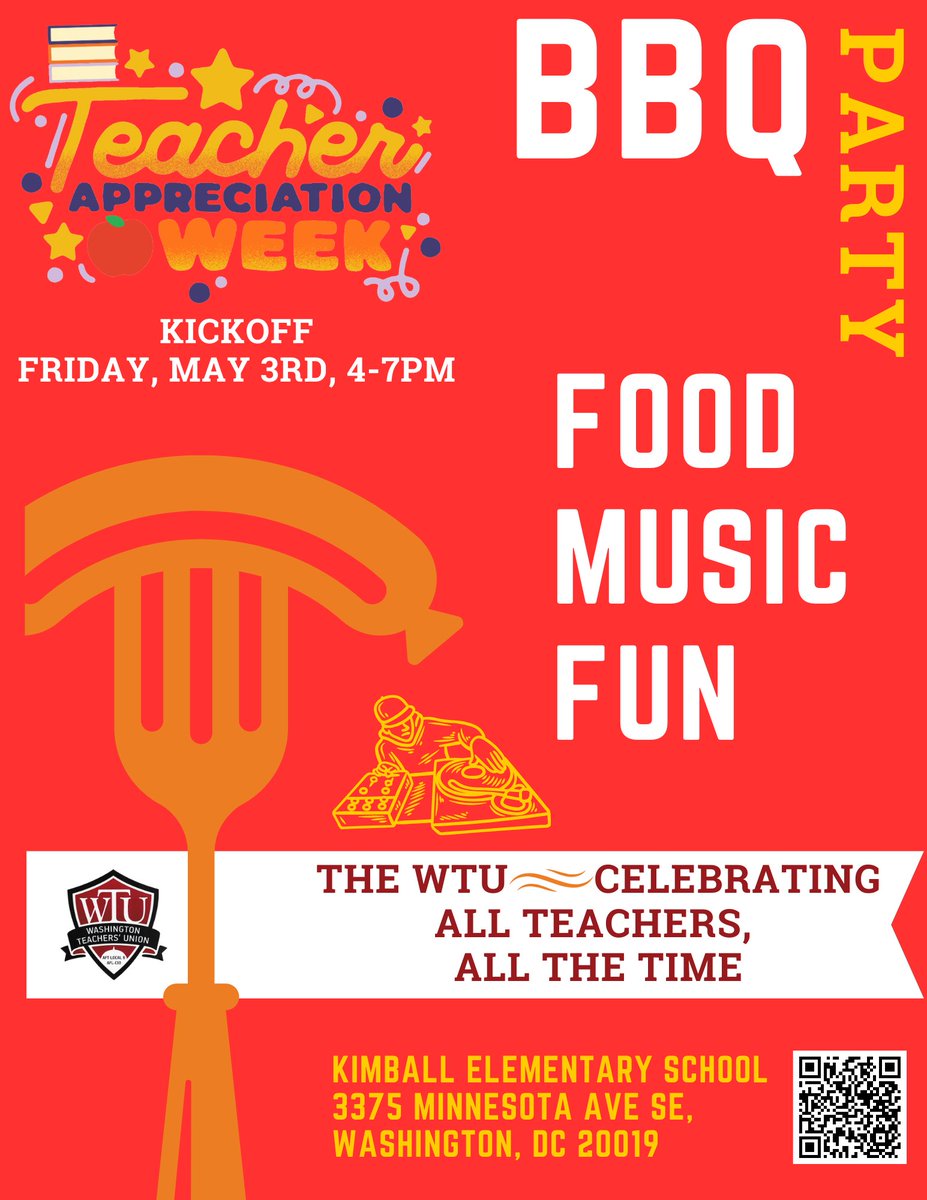 Join us at Kimball ES at 4PM today for icees, barbecue, music, and fun! RSVP @WTUTeacher for our BBQ Kickoff for Teacher Appreciation Week! wtulocal6.net/teacher_apprec…… Bring your teacher ID! We can't wait to see you soon! #redfored