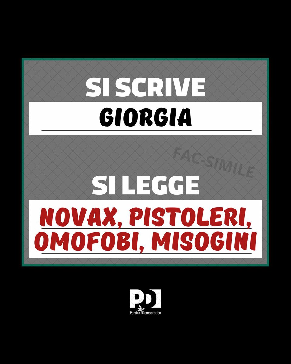 pdnetwork's tweet image. Nelle liste per le Europee è concentrato tutto il peggio della destra.

Dietro la finta faccia rassicurante della Presidente del Consiglio ci sono no vax, pistoleri, omofobi e misogini.

Se scrivi Giorgia, saranno loro a rappresentarti in Europa.