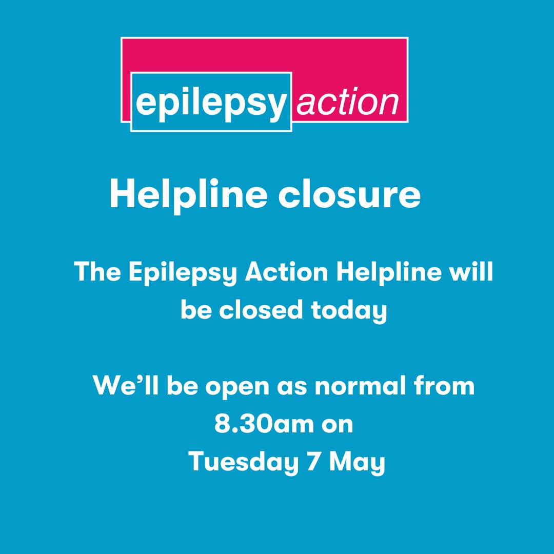 Our helpline will be closed today due to the bank holiday. Visit our website to find places that are available where you can talk to someone or seek medical advice during this time. Our helpline service will resume on Tuesday 7 May at 8:30am. epilepsy.org.uk/support-for-yo…