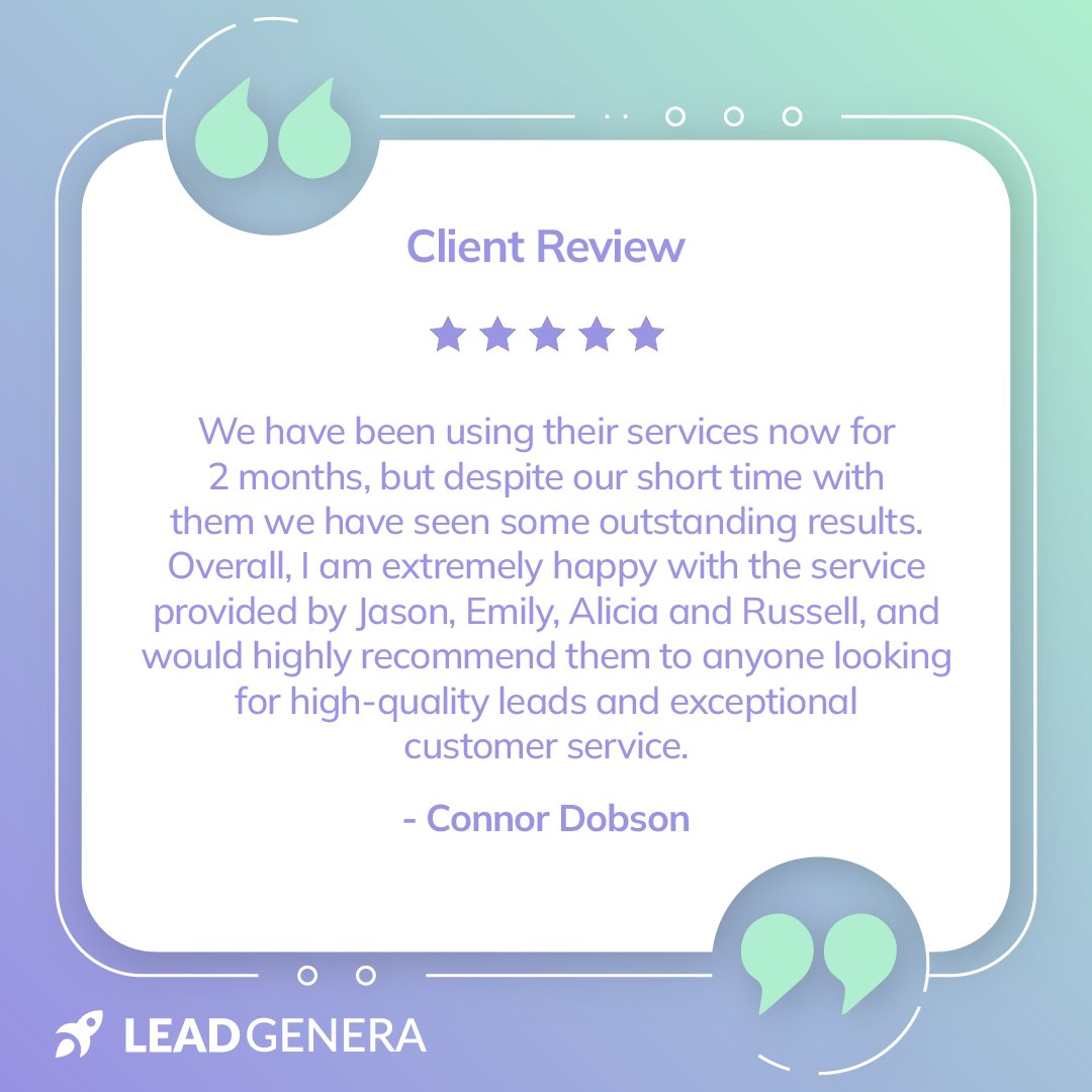 Here's some motivation for you to reach out to us if you're looking for some high-quality leads 😉 This is what our clients have to say about us... #ClientReview #Testimonials #CustomerSatisfaction #LeadGeneration