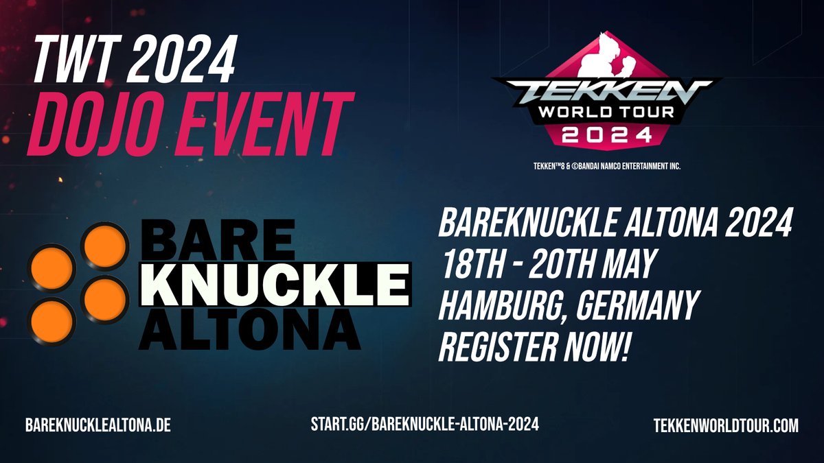 FGC_Hamburg's tweet image. Wir sind froh zu verkünden, dass das BareKnuckle Altona Teil der TWT 2024 als ein Dojo Event sein wird!
Kommt zahlreich, wir freuen uns auf euch!
Anmeldungen unter:
start.gg/tournament/bar…