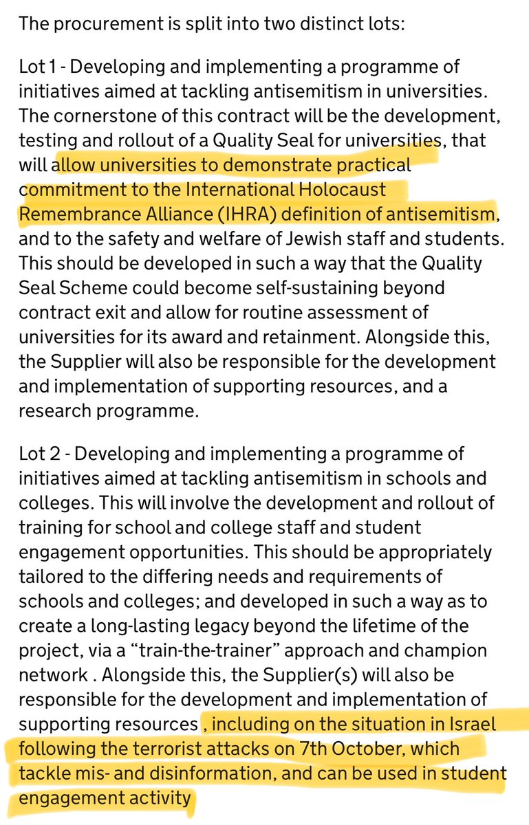 The Department for Education in the UK is advertising a contract opportunity worth £5.5million, supposedly to “tackle antisemitism” in education but stipulates that this must include “tackling mis and dis-information” about Israel. find-tender.service.gov.uk/Notice/003945-… h/t @Arrfs