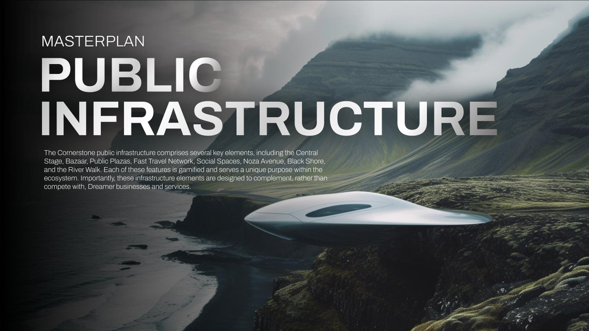 The Cornerstone public infrastructure comprises several key elements, including the Central Stage, Bazaar, Public Plazas, Fast Travel Network, Social Spaces, Noza Avenue, Black Shore, and the River Walk. 

Each of these features is gamified and serves a unique purpose within the