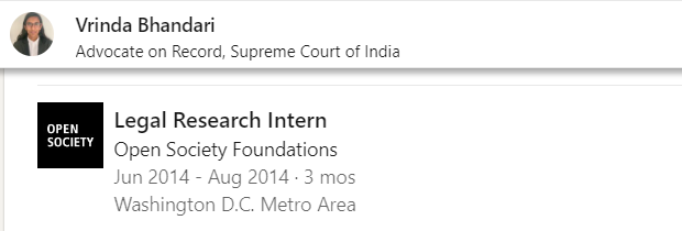 The lead counsel representing Raqib/ HW is Vrinda Bhandari (@VrindaBhandari), an Oxford University pass-out. Surprise: After her studies she joined Open Society Foundations as a Research Intern! This is payback time to Soros unkil. The fruit doesn’t fall far from the tree. 9/n