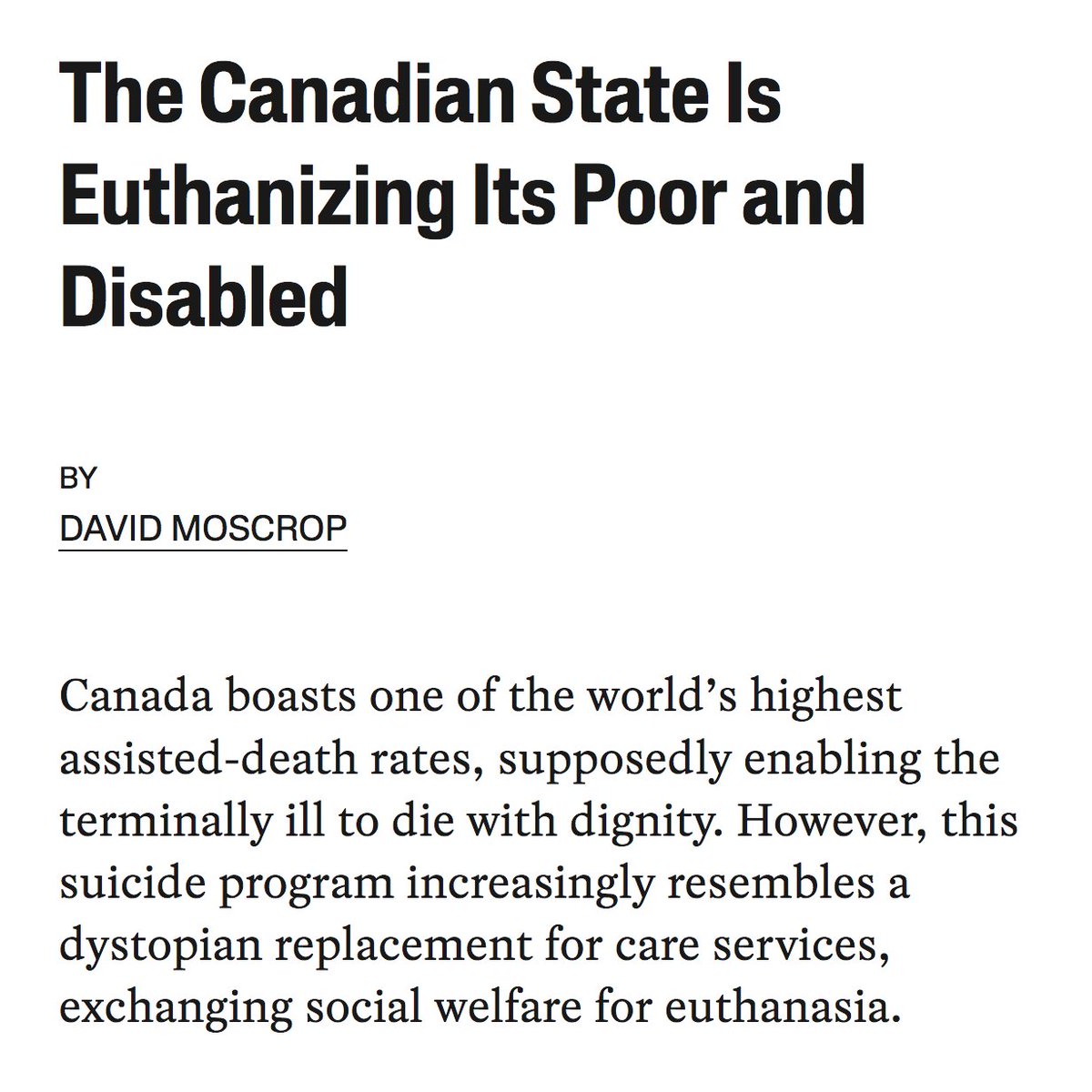 Every word here. 'In the absence of a robust welfare state, and in the face of structural poverty and #discrimination particularly toward #disabled people, there is no world in which 🇨🇦 #MAiD can be understood to be 'progressive.' ' jacobin.com/2024/05/canada…🎯🙏@David_Moscrop