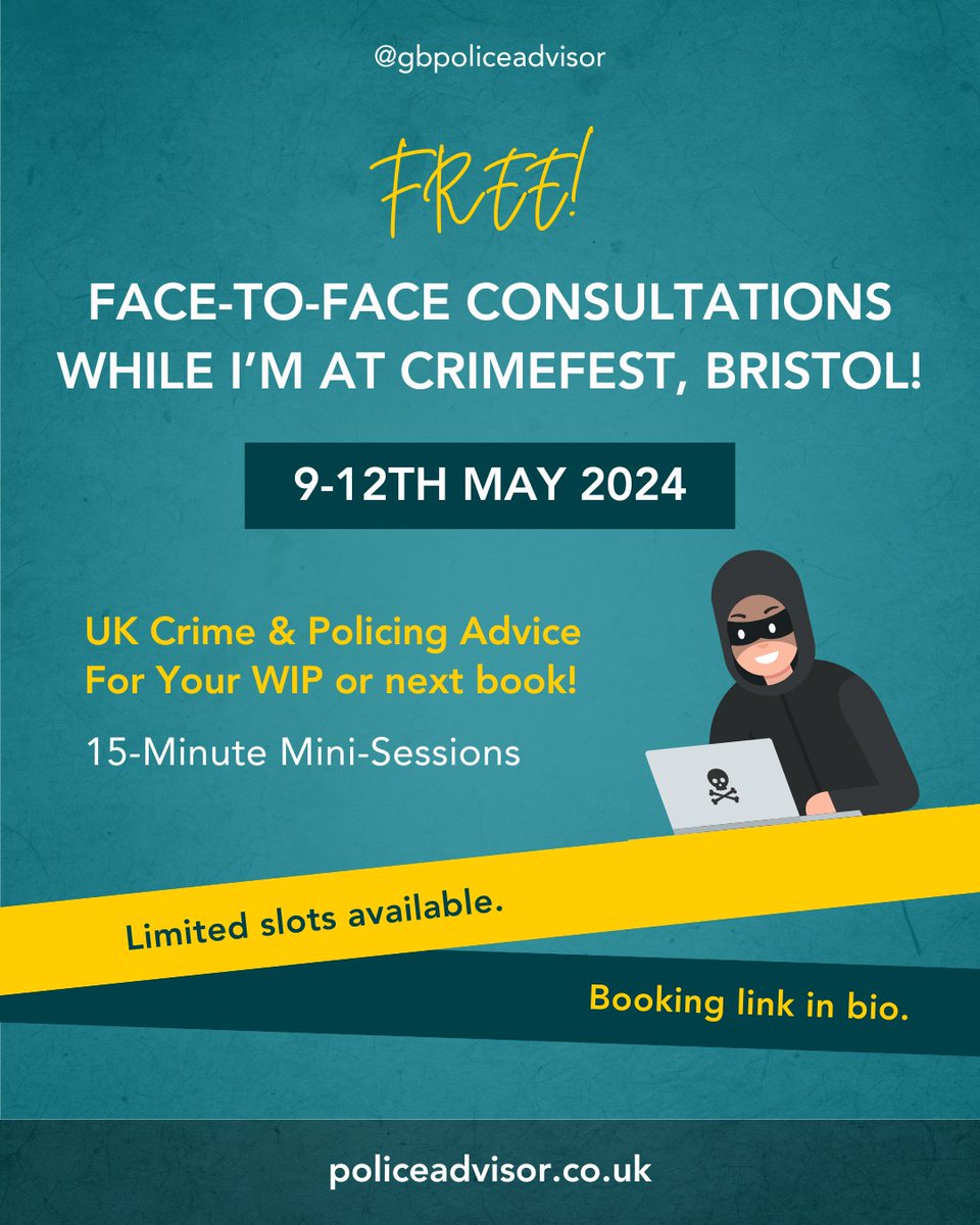 Fellow #crimewriters! I'm offering FREE 15-minute mini-consultations on all things UK crime & policing while I am at @CrimeFest next week!👮‍♂️🇬🇧✍️ First come, first-served! Book below👇 bit.ly/gb-crimefest24